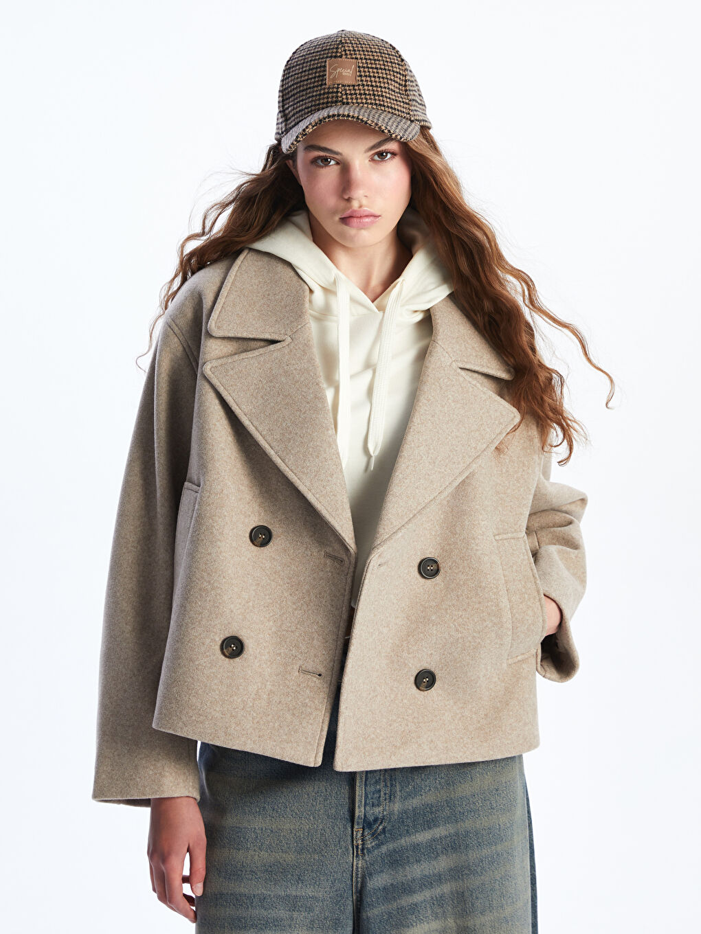 Kahverengi Kruvaze Yaka Kadın Kaşe Kaban