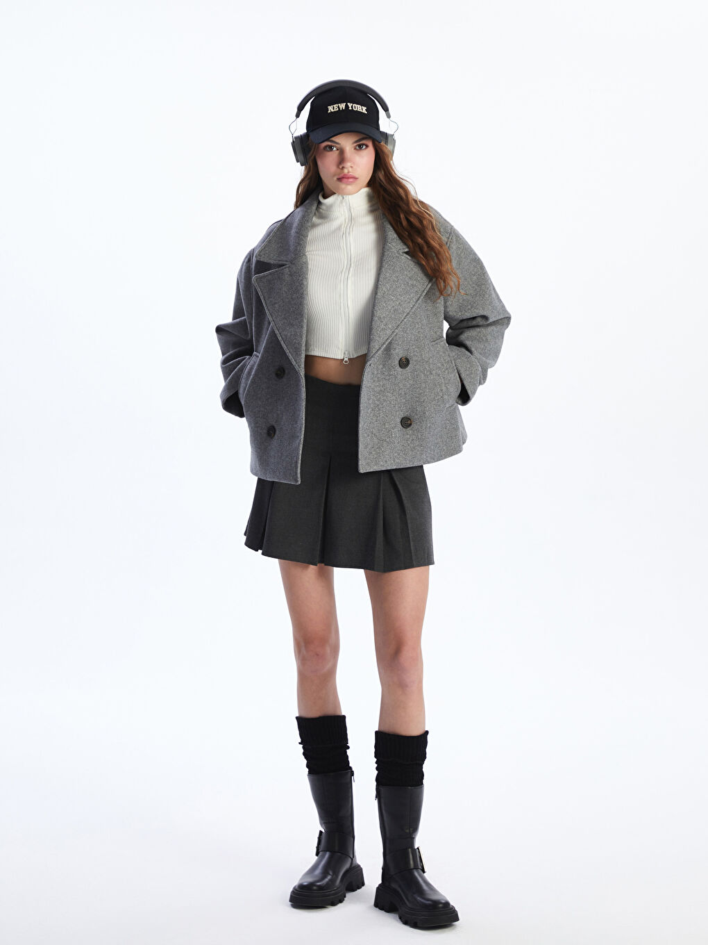 Gri Kruvaze Yaka Kadın Kaşe Kaban-1