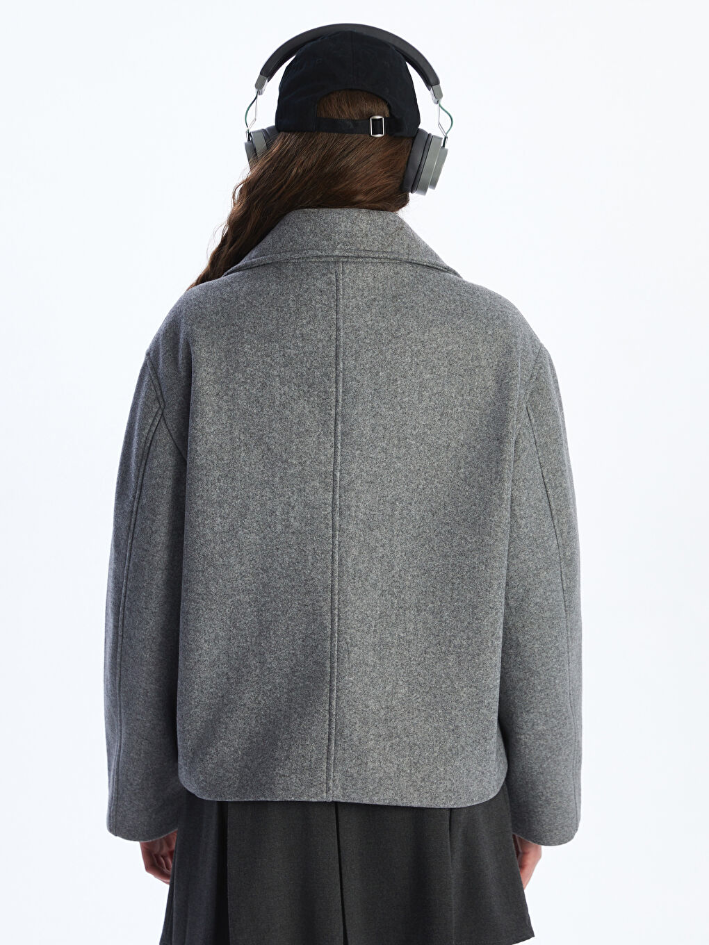 Gri Kruvaze Yaka Kadın Kaşe Kaban-4