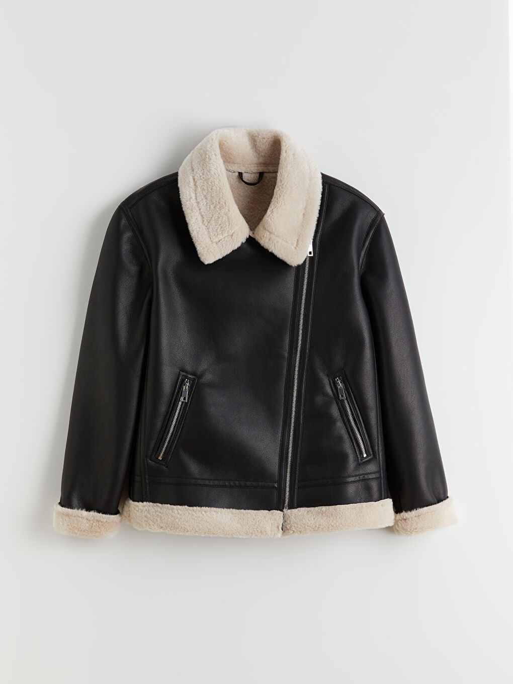 Siyah Kürk Yaka Kadın Deri Görünümlü Mont-5