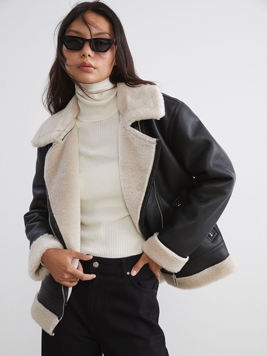 Biker Neck Women's Faux Leather Coat