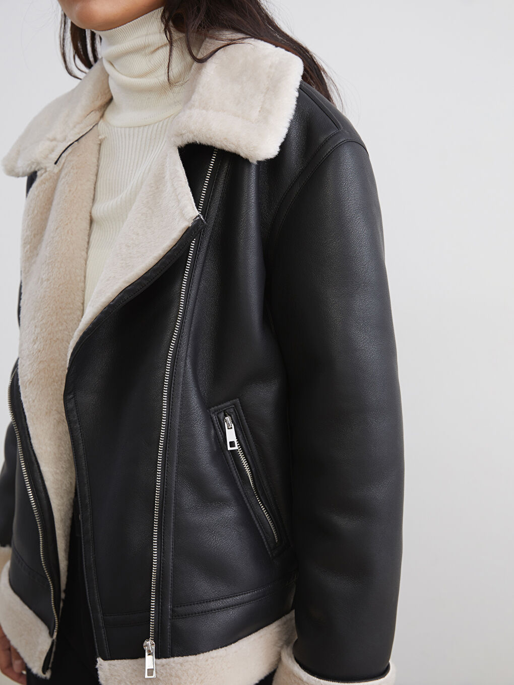 Biker Neck Women's Faux Leather Coat-2