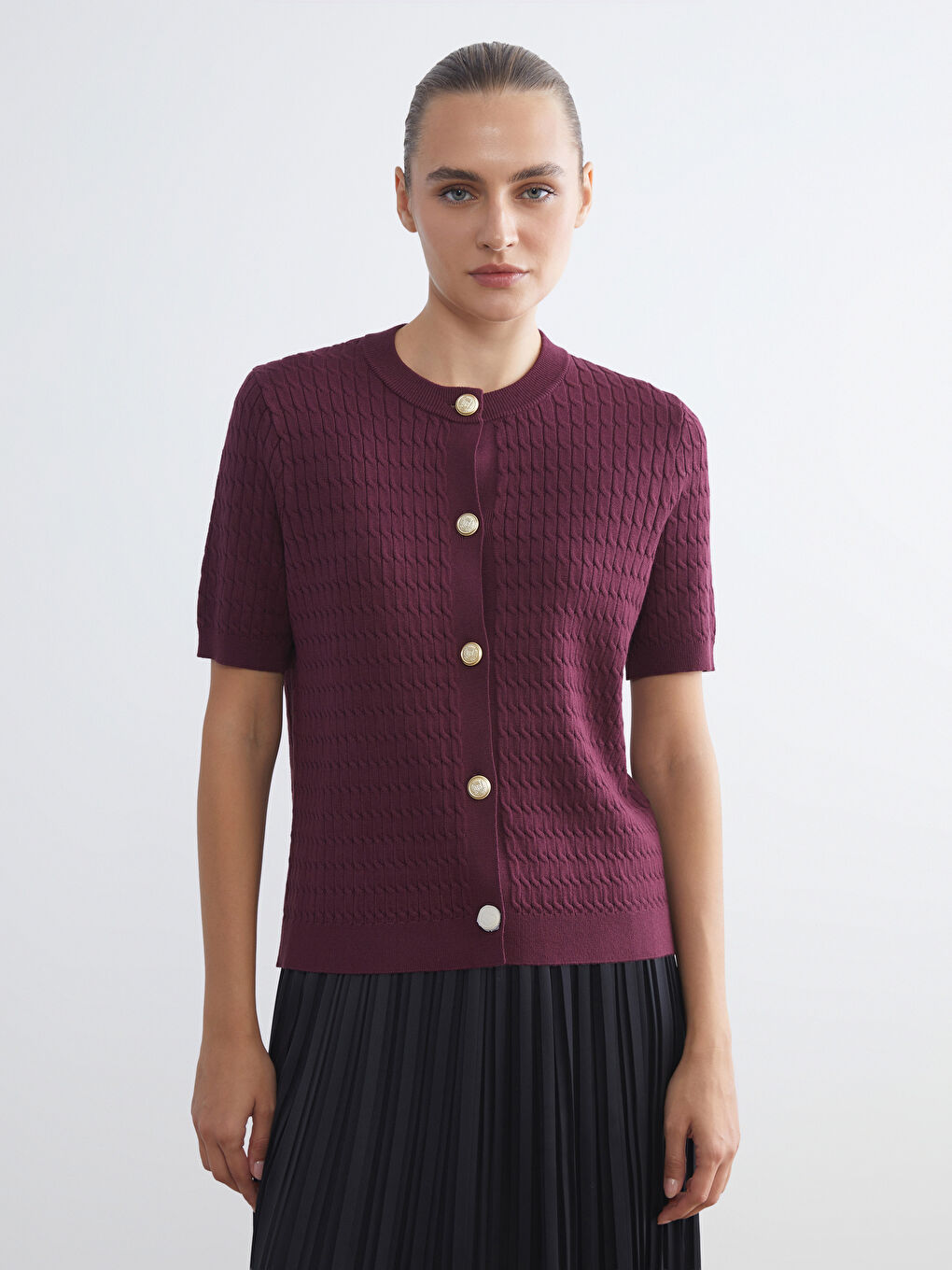 LCWAIKIKI Classic Crew Neck Self Patterned Long Sleeve Women's Tricot Cardigan -W5AJ74Z8-CWK