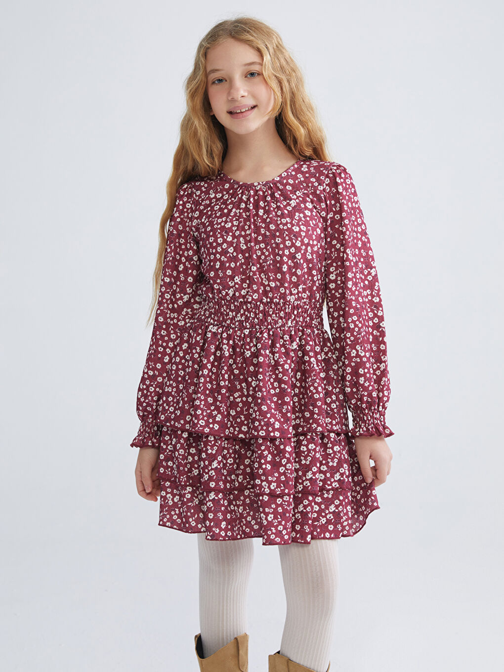Mürdüm Bisiklet Yaka Çiçekli Kız Çocuk Elbise-1