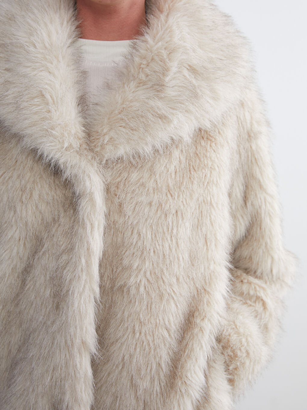 Ekru Ceket Yaka Kadın Kürk Mont-2