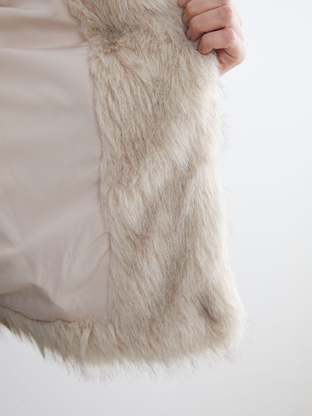 Ekru Ceket Yaka Kadın Kürk Mont-3