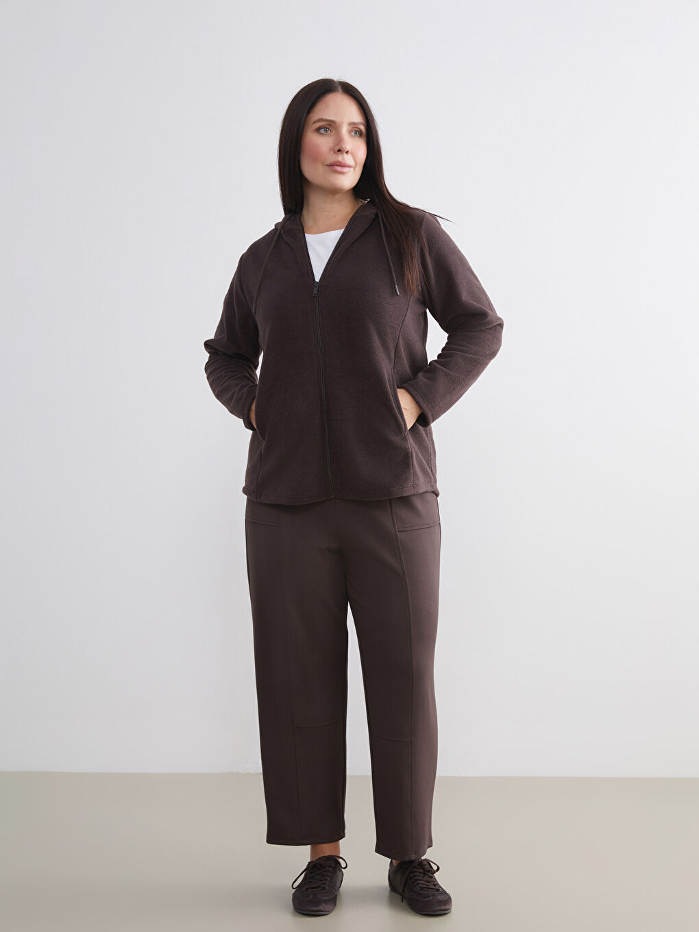 Kahverengi Kapüşonlu Polar Kadın Fermuarlı Sweatshirt-5