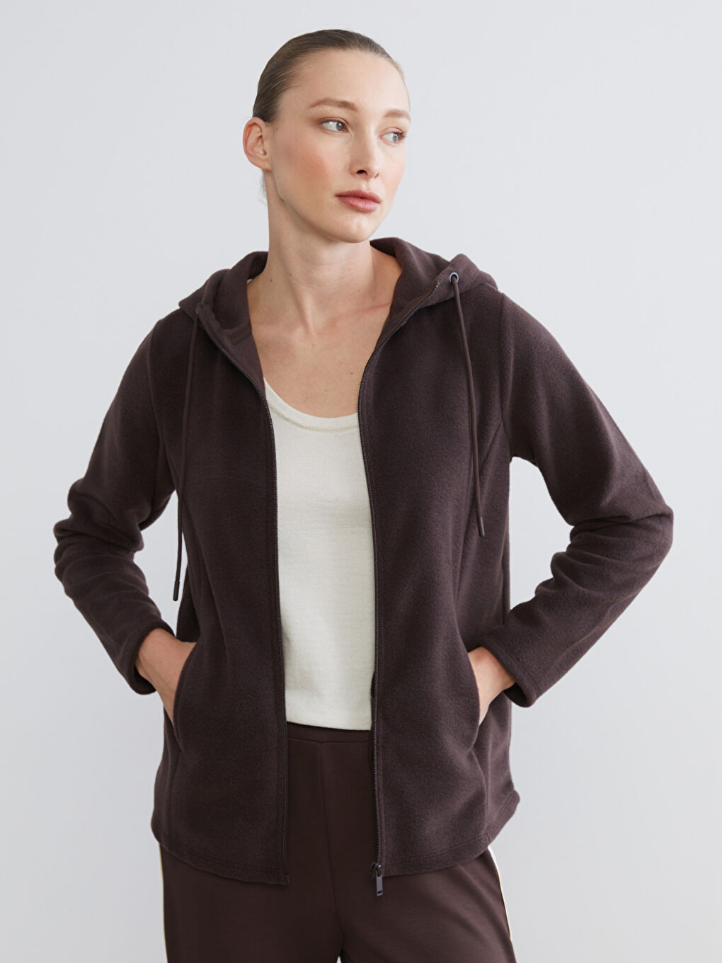 Kahverengi Kapüşonlu Polar Kadın Fermuarlı Sweatshirt