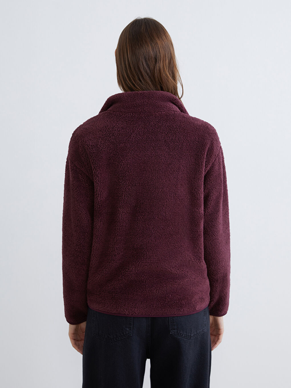 Mürdüm Dik Yaka Kadın Pelüş Hırka-3