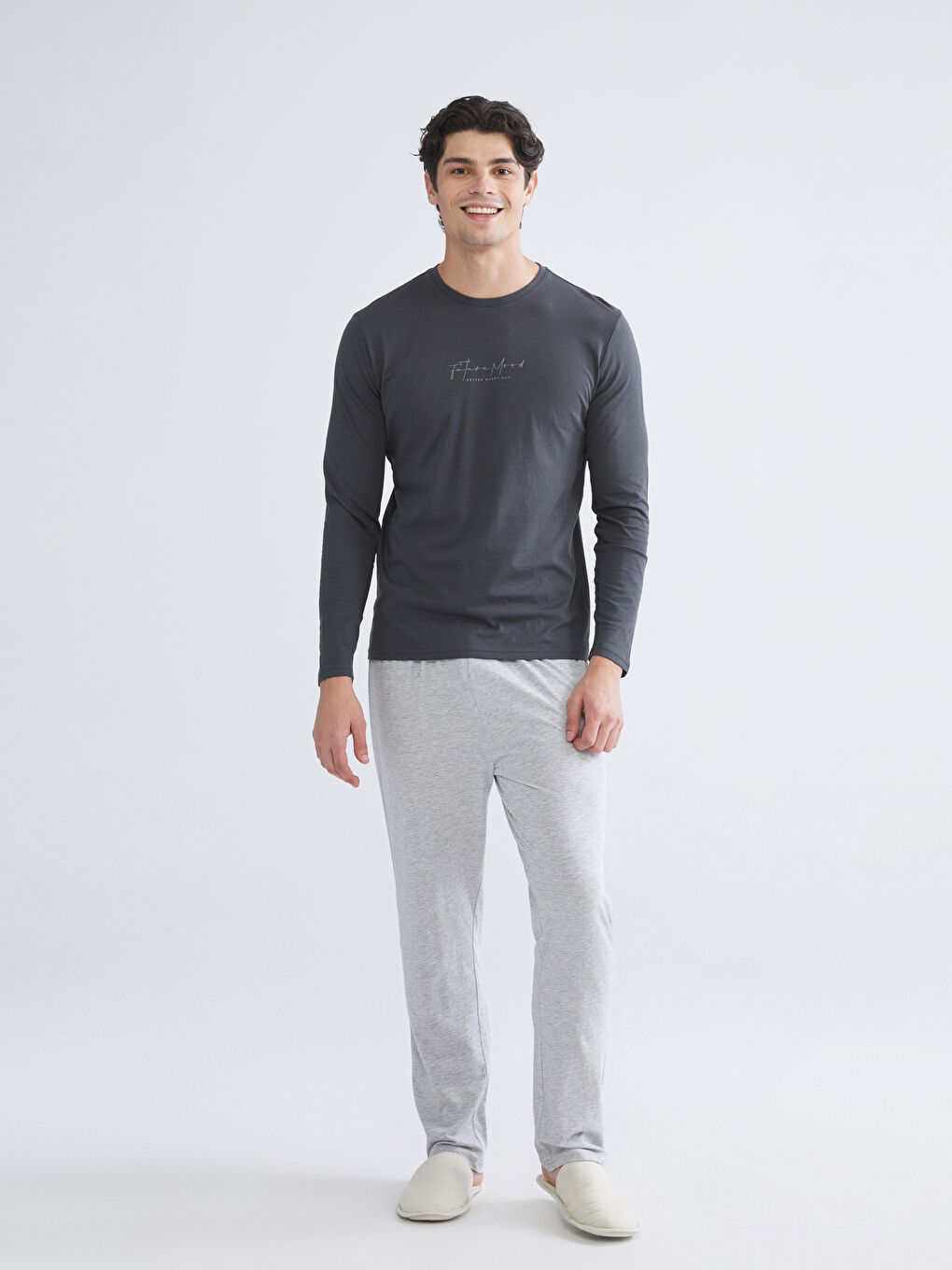 Antrasit Bisiklet Yaka Baskılı Erkek Pijama Üst-1