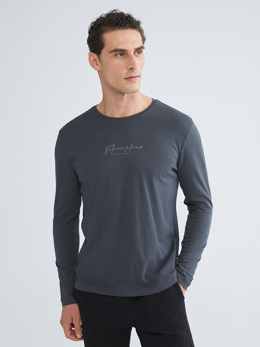 Siyah Bisiklet Yaka Uzun Kollu Erkek Pijama Takımı-1