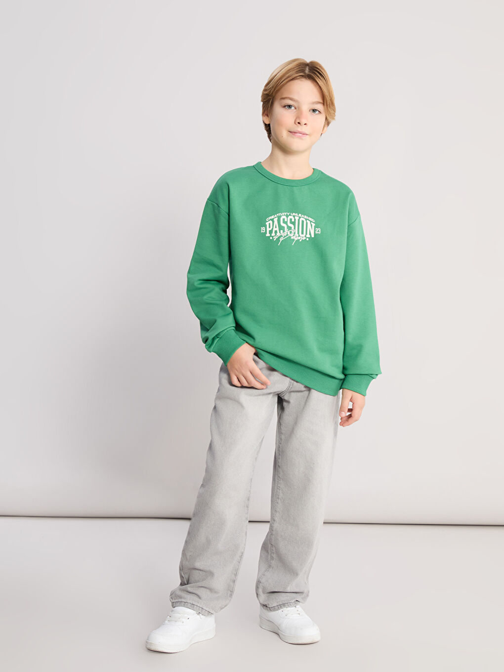 Yeşil Bisiklet Yaka Erkek Çocuk Sweatshirt 2'li-3