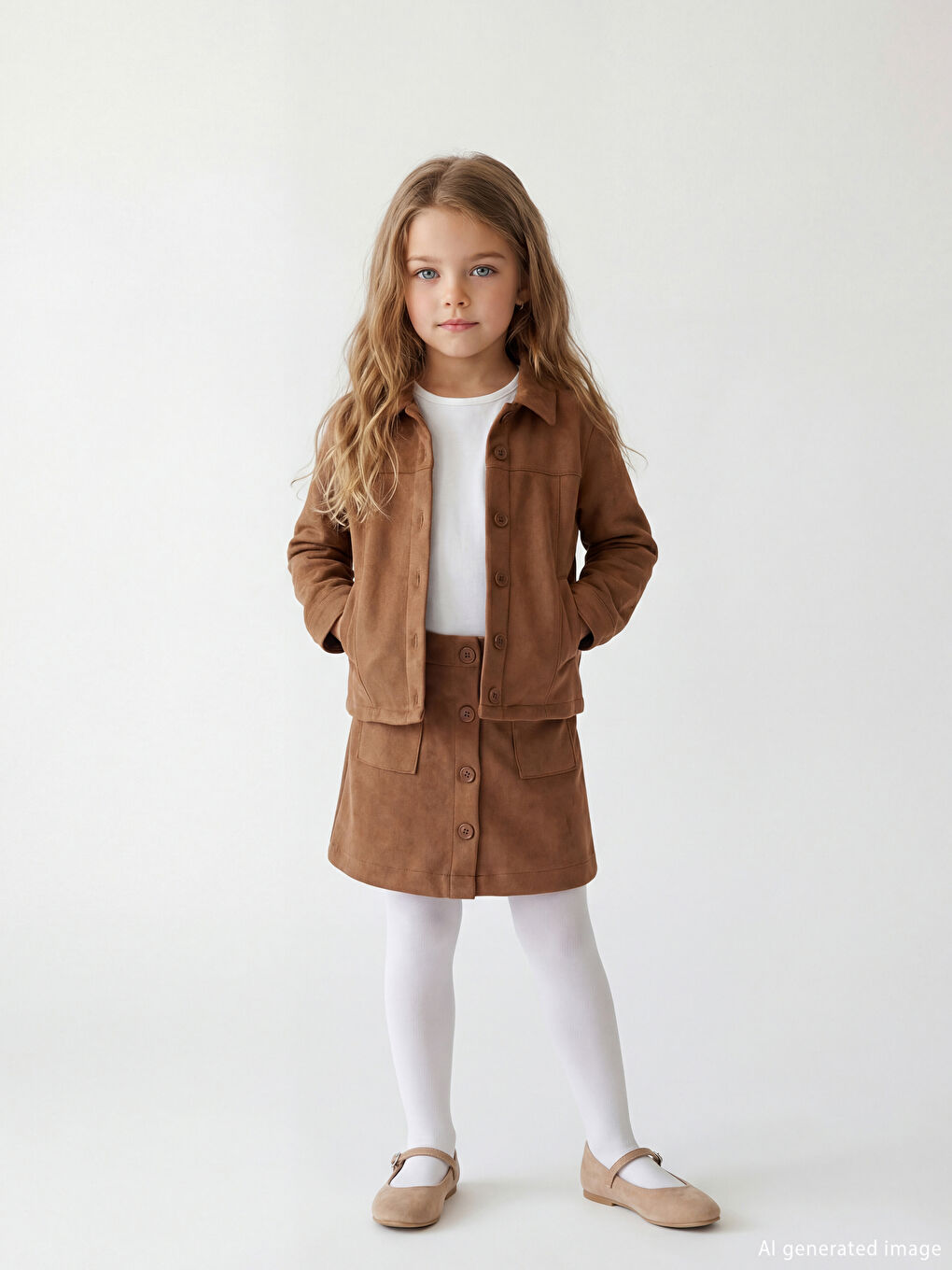 Kahverengi Kız Çocuk Süet Etek ve Külotlu Çorap