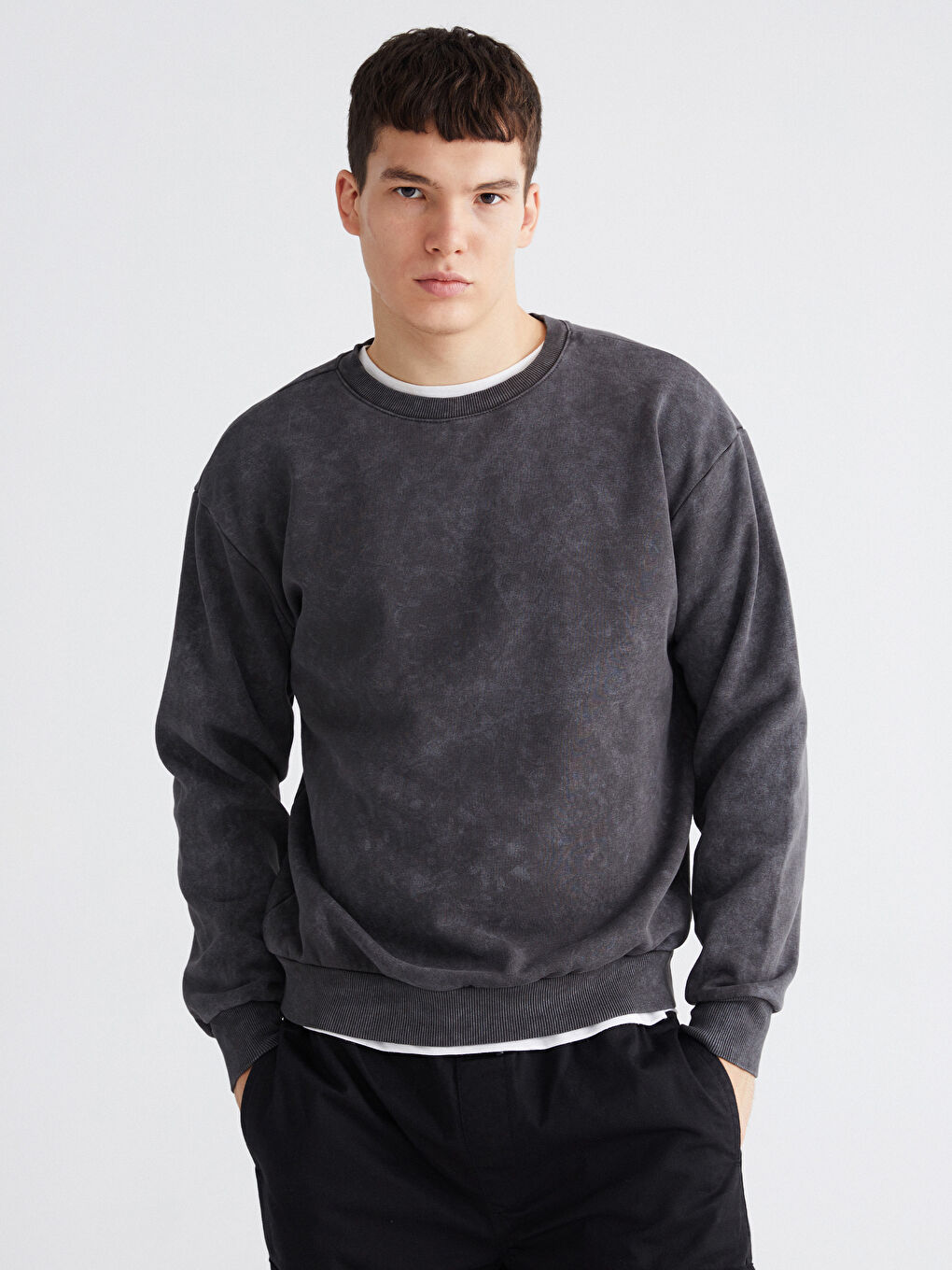 Antrasit Bisiklet Yaka Erkek Kalın Sweatshirt