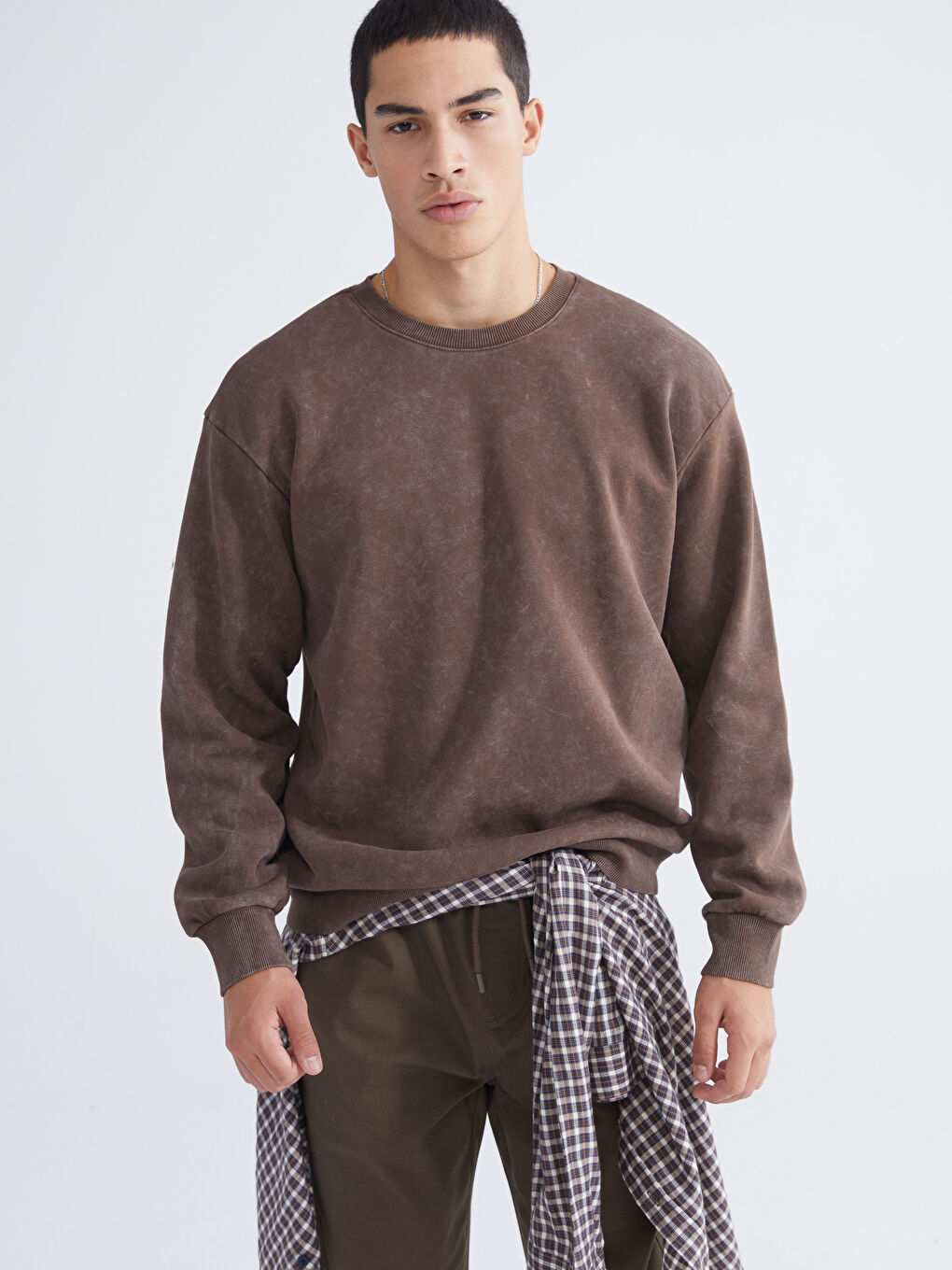 Kahverengi Bisiklet Yaka Erkek Kalın Sweatshirt