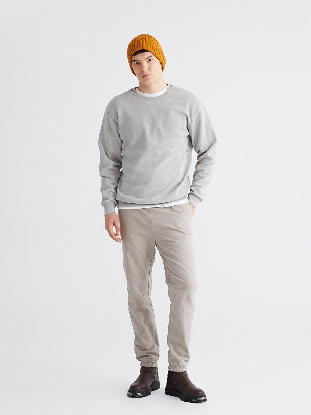 Gri Bisiklet Yaka Erkek Kalın Sweatshirt-1