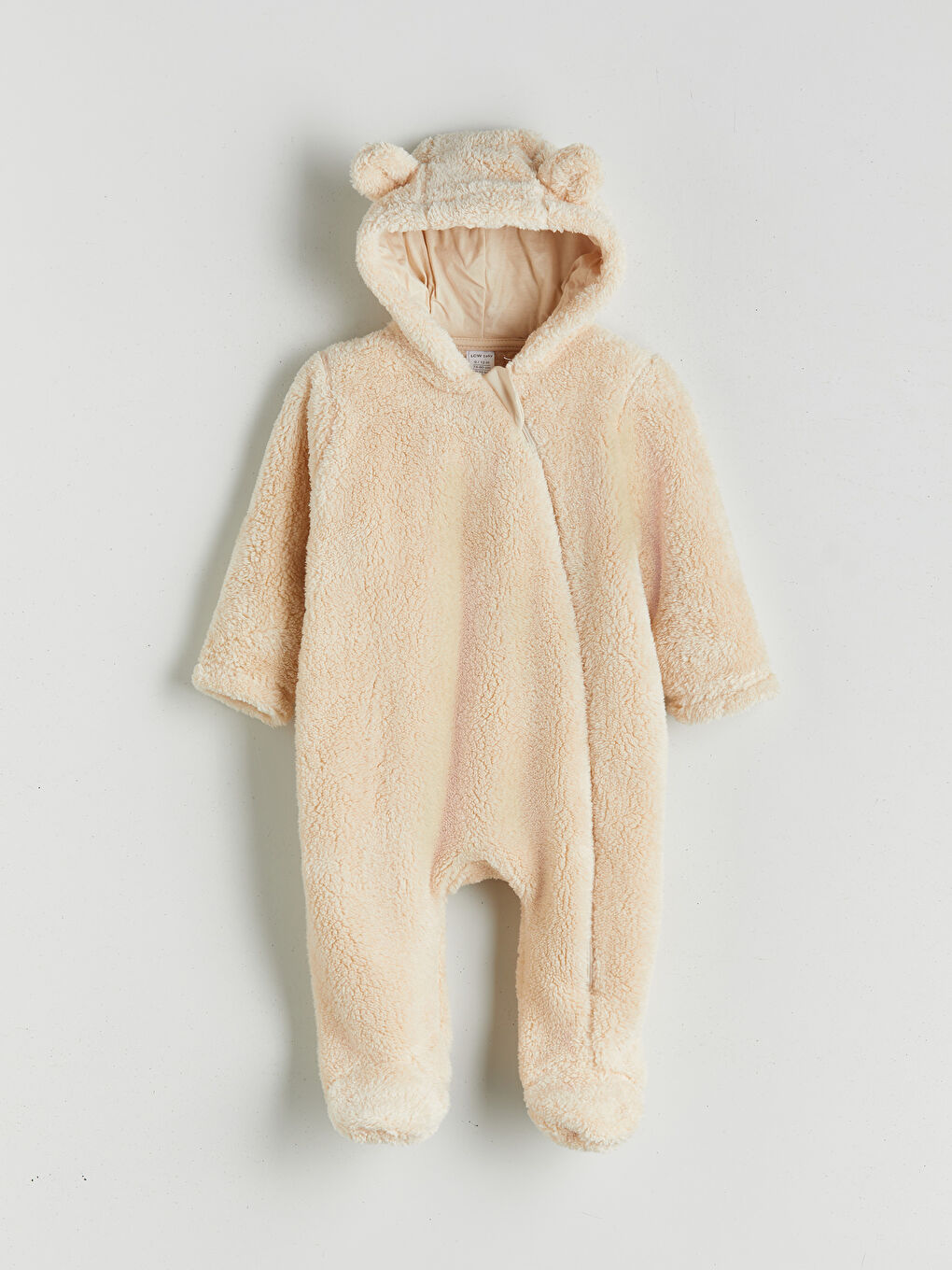 Ekru Kapüşonlu Uzun Kollu Kız Bebek Pelüş Tulum