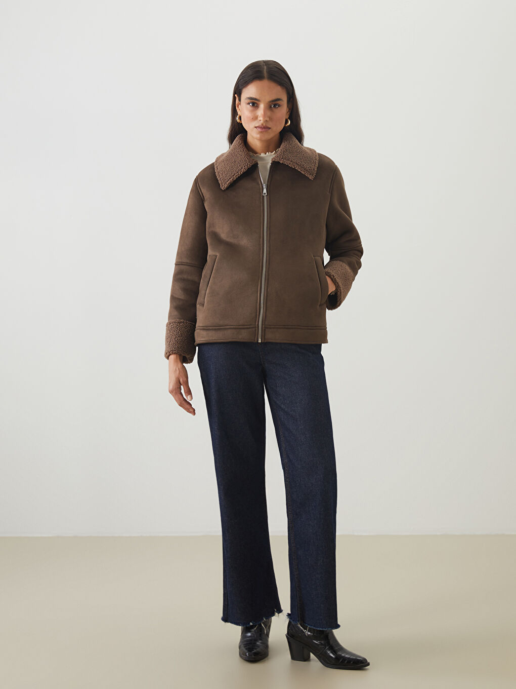 Collared Neck Oversize Women's Suede Look Coat-1