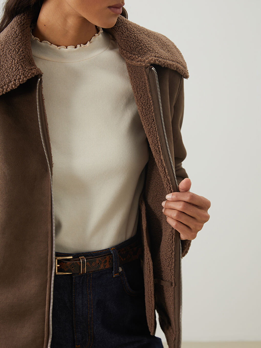 Collared Neck Oversize Women's Suede Look Coat-3
