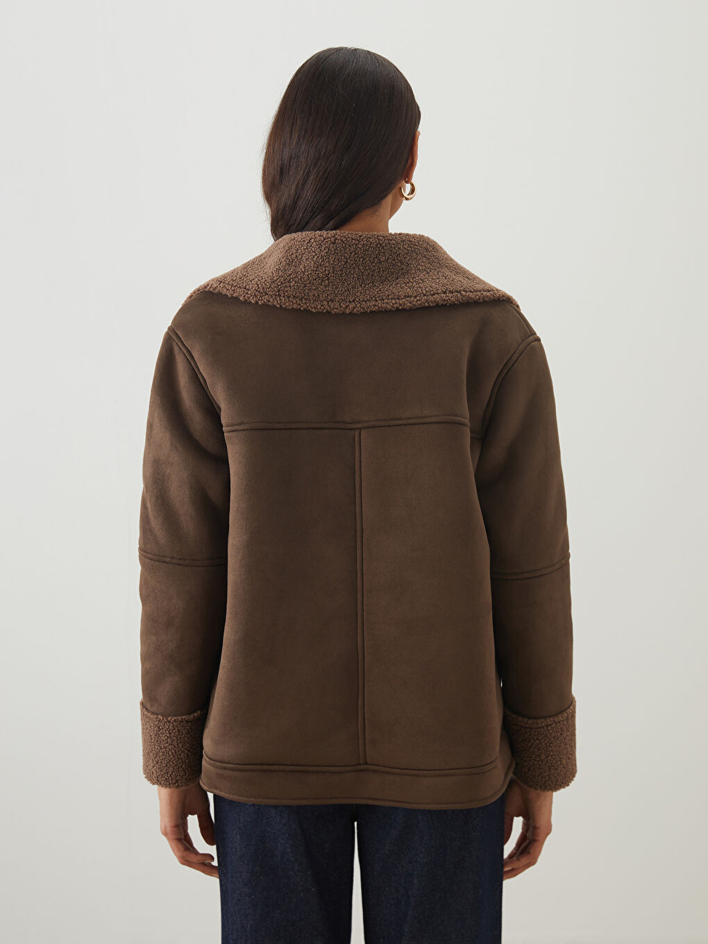 Collared Neck Oversize Women's Suede Look Coat-4