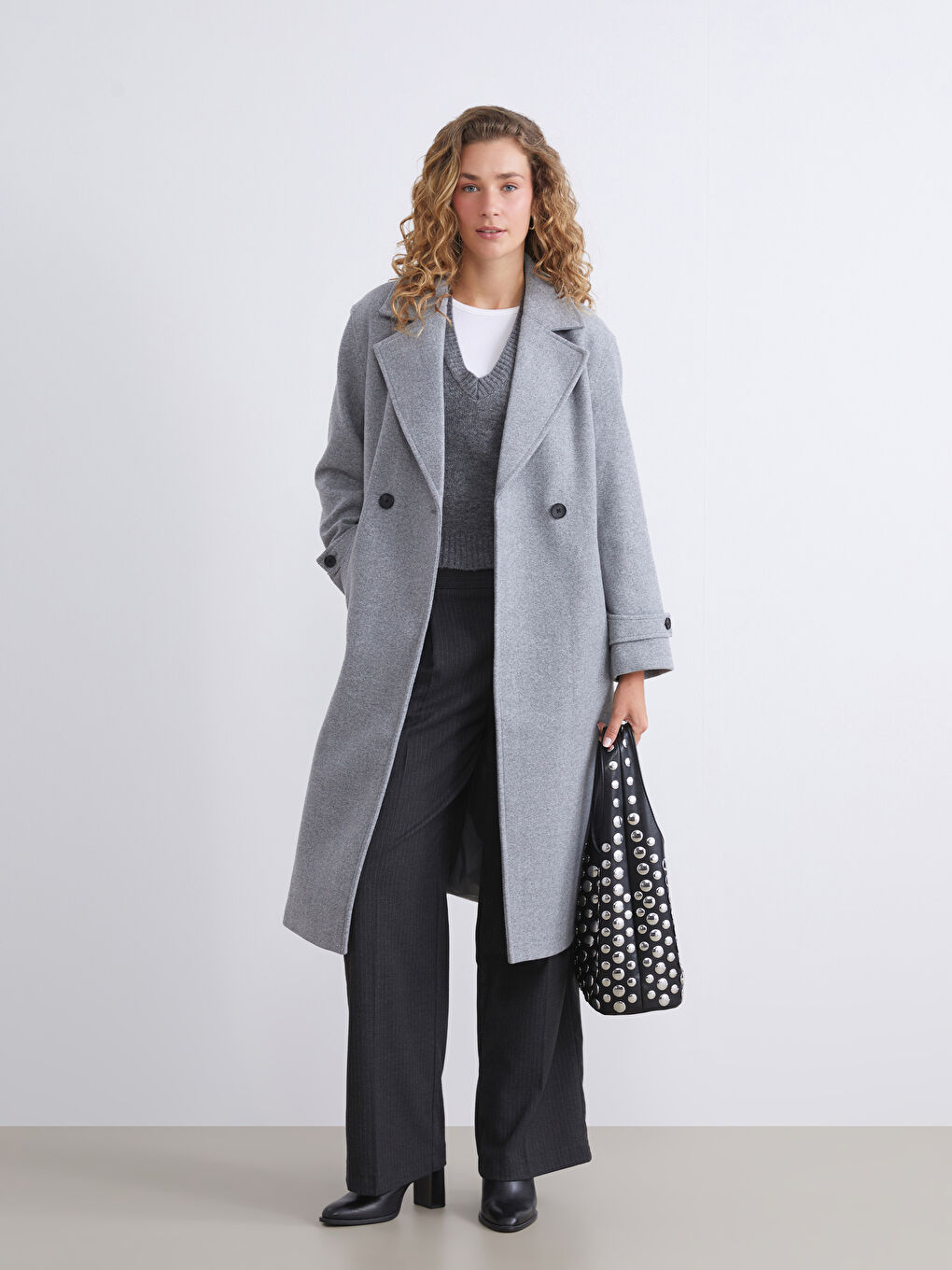 Antrasit Kruvaze Yaka Kadın Kaşe Kaban