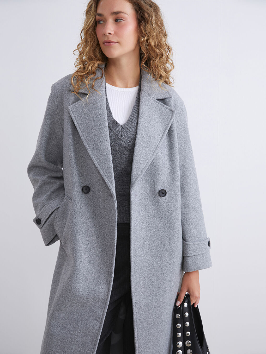 Antrasit Kruvaze Yaka Kadın Kaşe Kaban-1