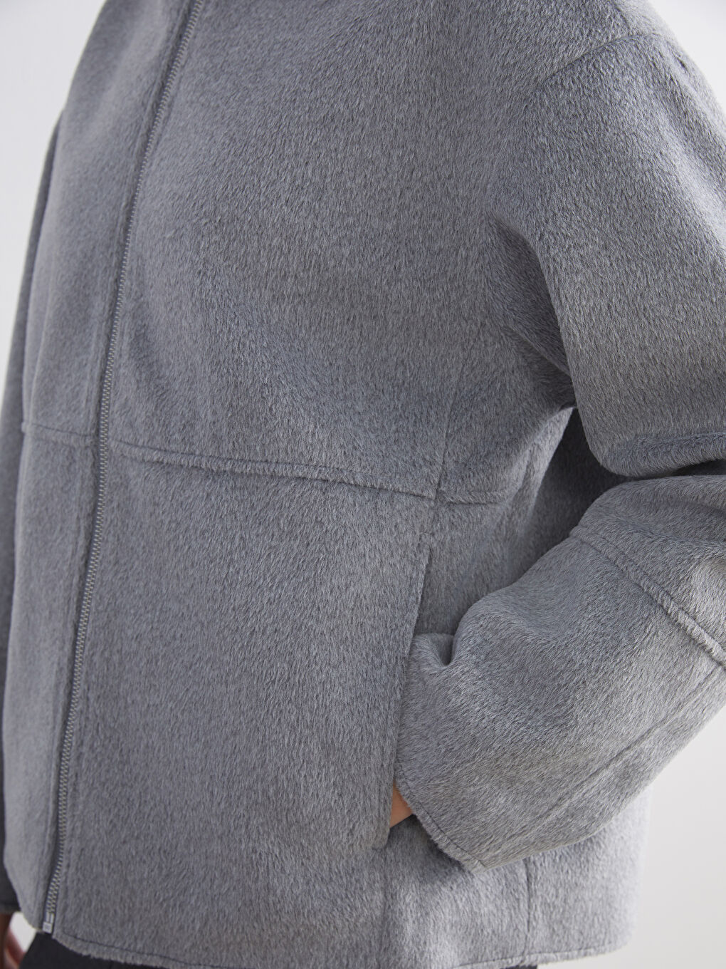 Gri Dik Yaka Kadın Kaşe Mont-2