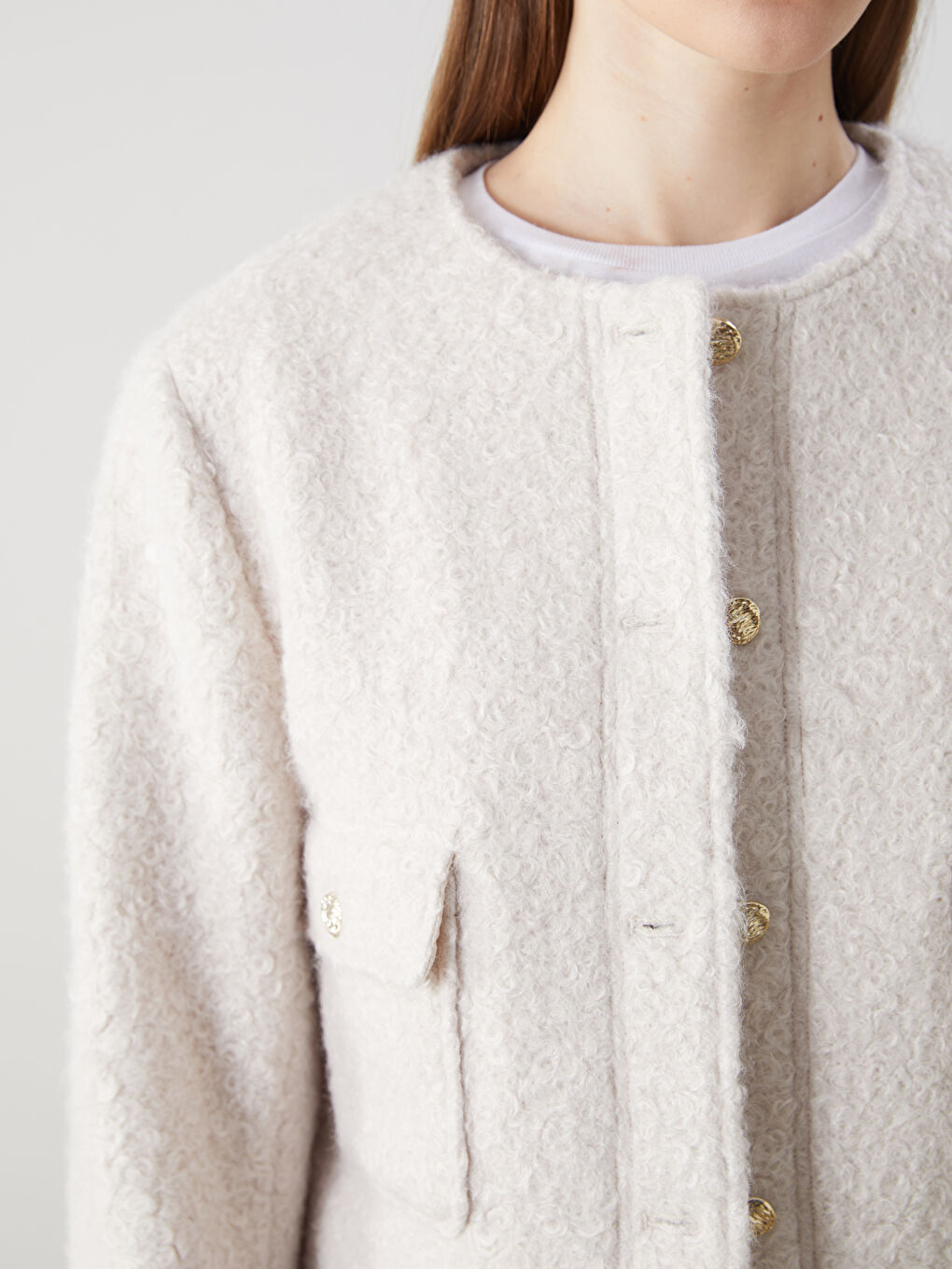 Bej Bisiklet Yaka Kadın Pelüş Mont-2