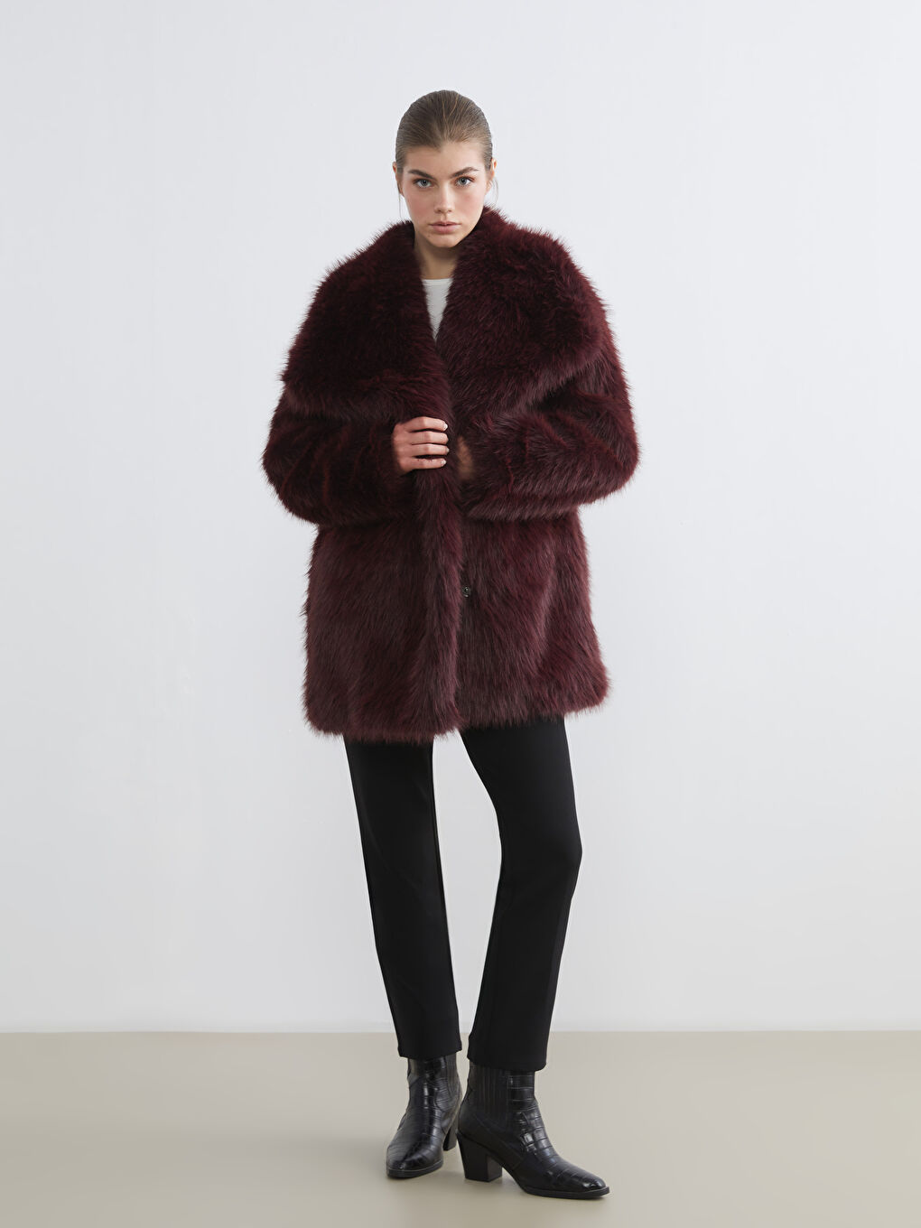 Bordo Ceket Yaka Oversize Kadın Kürk Mont-1