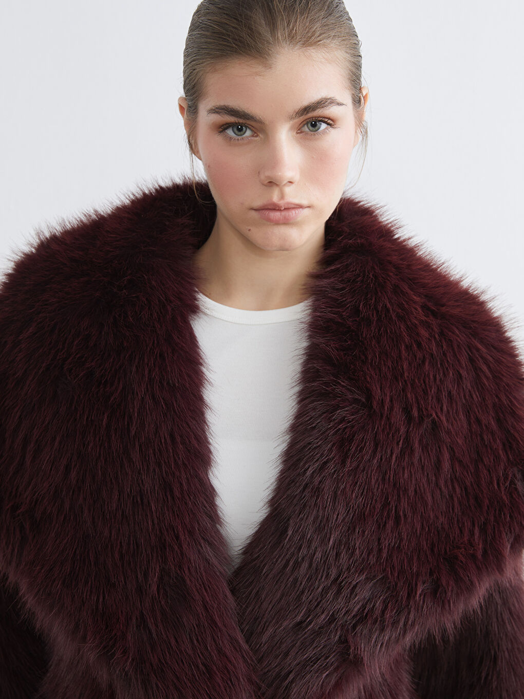 Bordo Ceket Yaka Oversize Kadın Kürk Mont-2