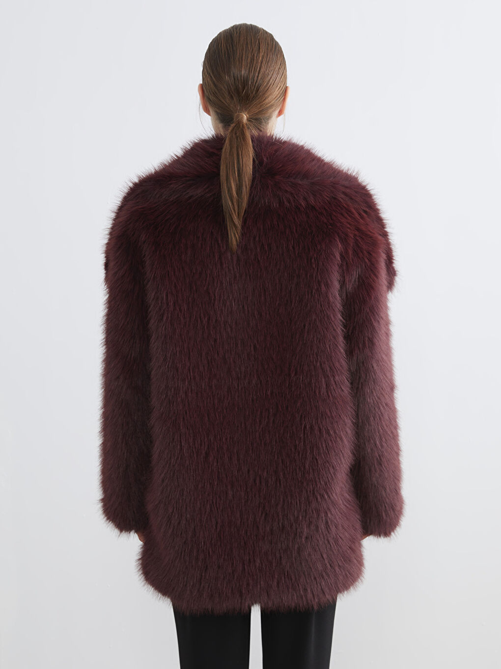 Bordo Ceket Yaka Oversize Kadın Kürk Mont-4