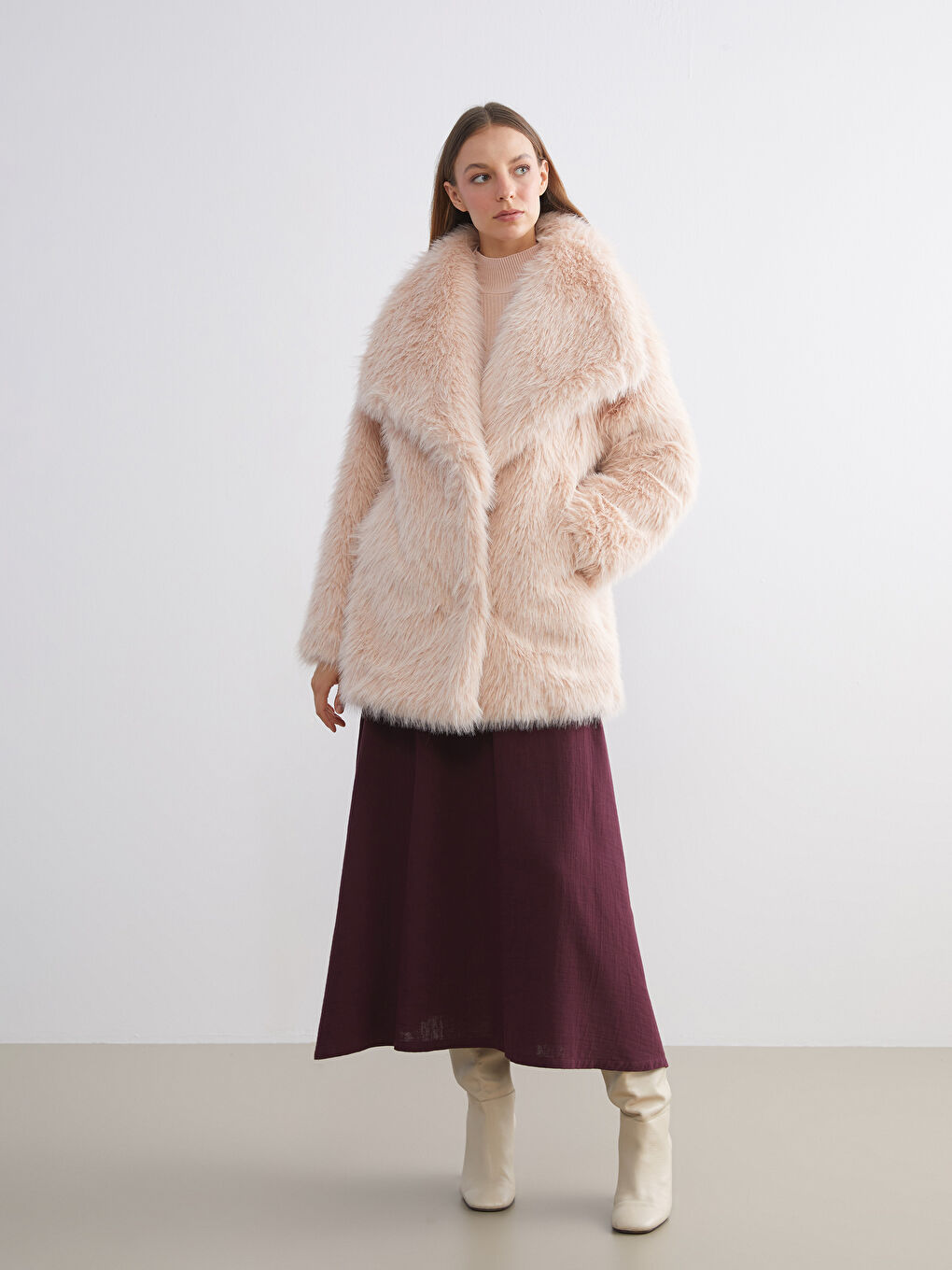 Pembe Ceket Yaka Oversize Kadın Kürk Mont-1