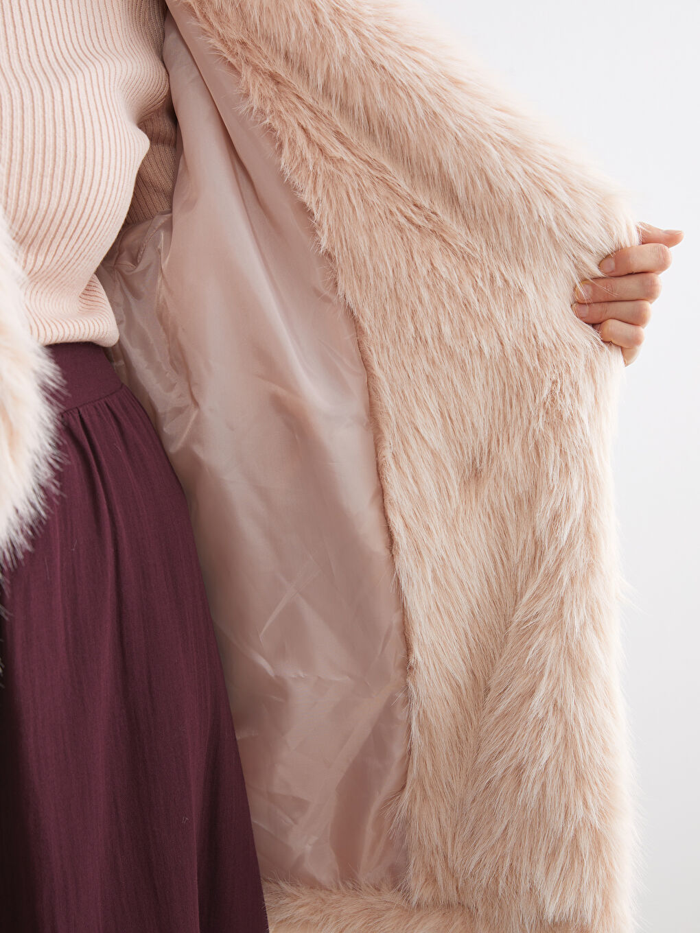 Pembe Ceket Yaka Oversize Kadın Kürk Mont-3