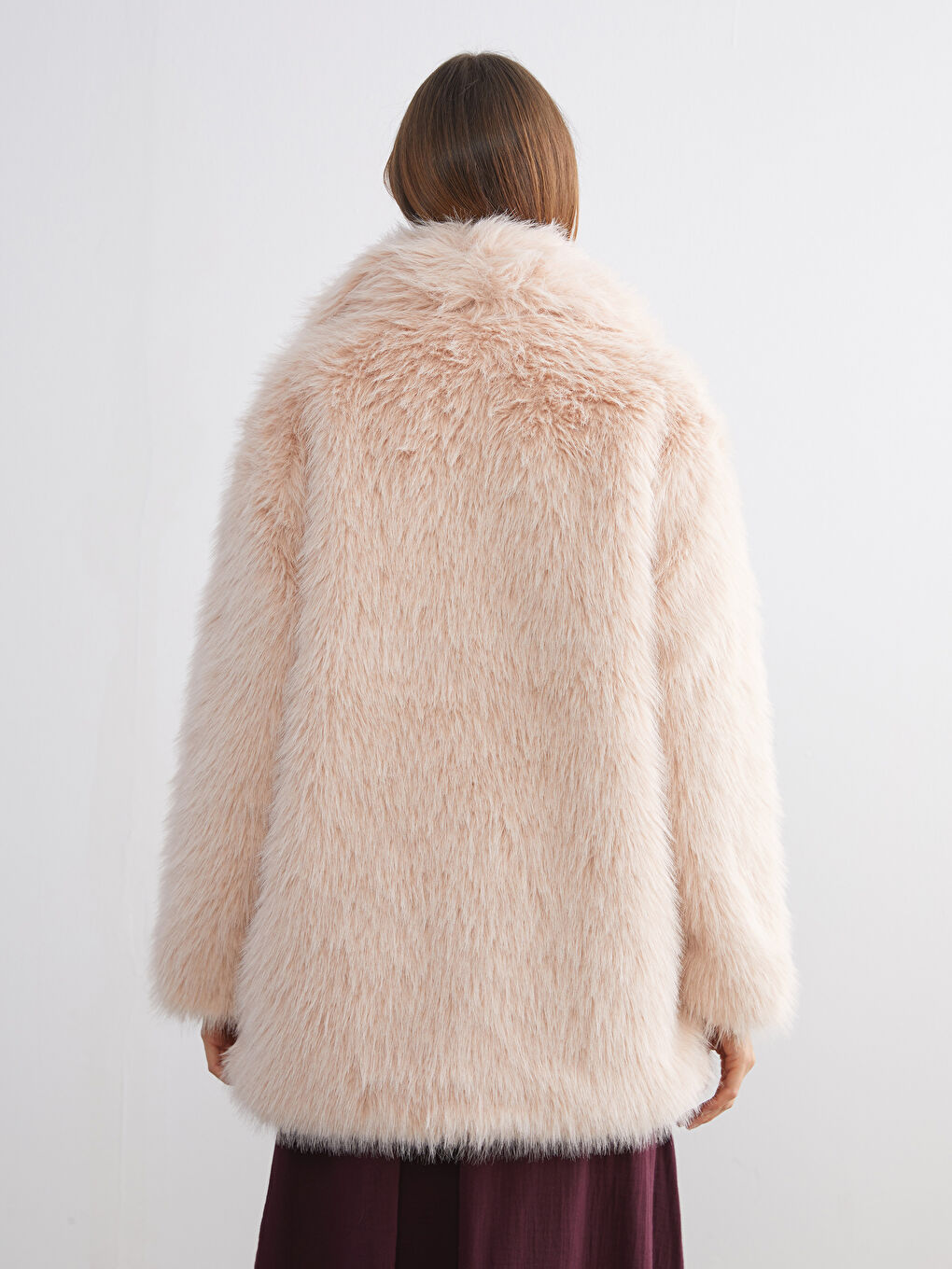 Pembe Ceket Yaka Oversize Kadın Kürk Mont-4