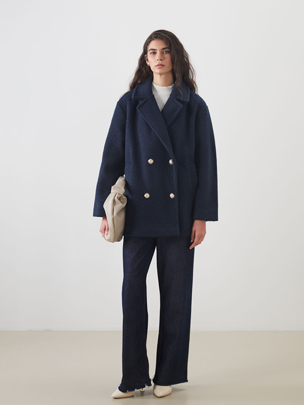 Lacivert Kruvaze Yaka Oversize Kadın Kaşe Kaban-2