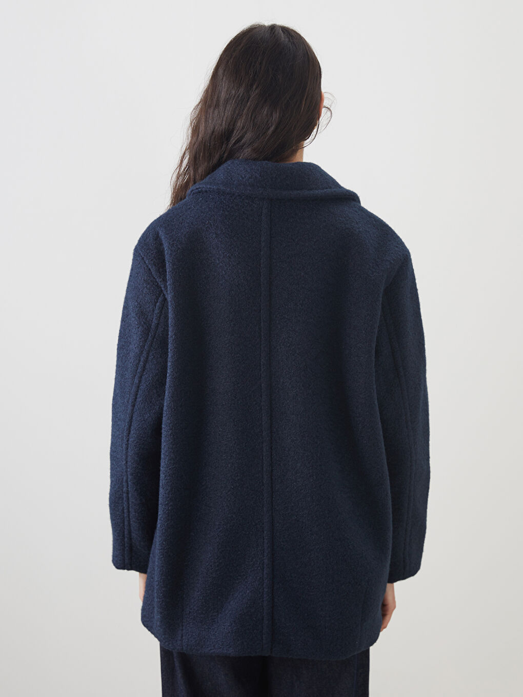 Lacivert Kruvaze Yaka Oversize Kadın Kaşe Kaban-4