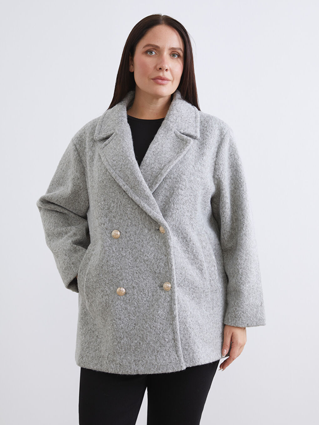 Gri Kruvaze Yaka Oversize Kadın Kaşe Kaban-1