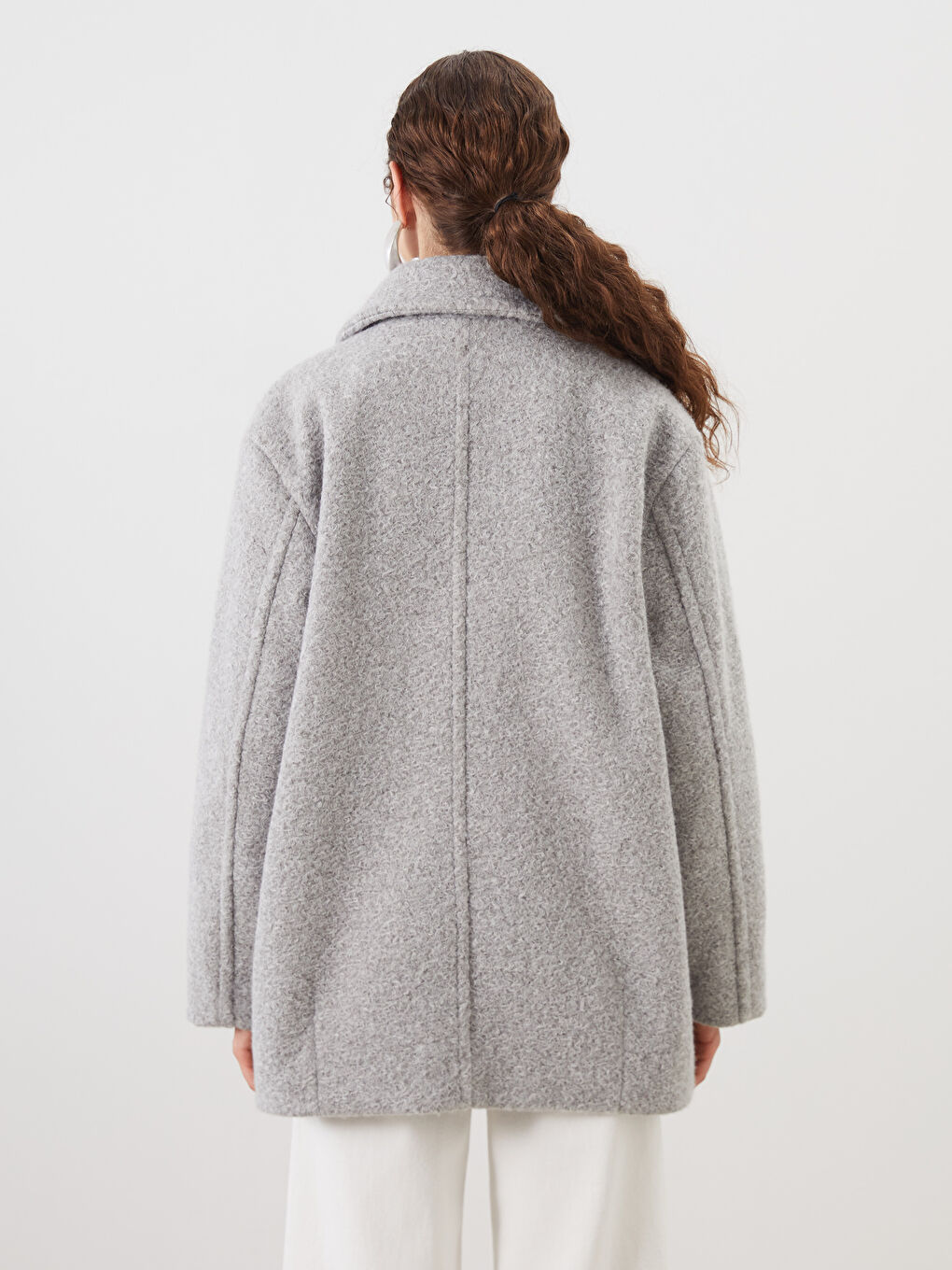 Gri Kruvaze Yaka Oversize Kadın Kaşe Kaban-4