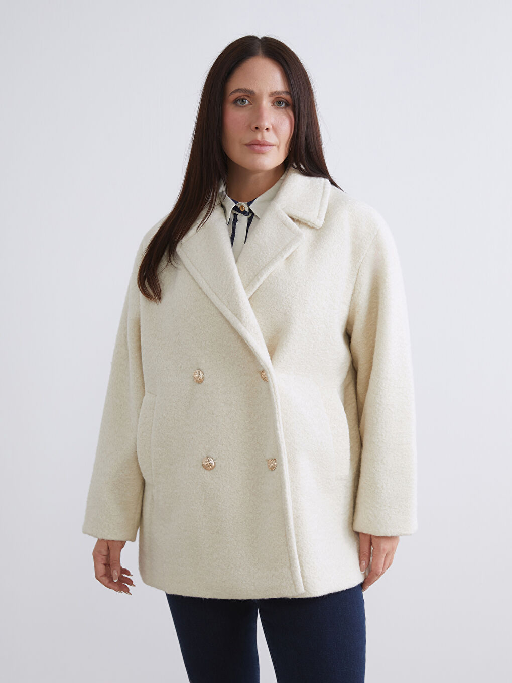 ქალი კრემისფერი შალის შერეული ქურთუკი-1