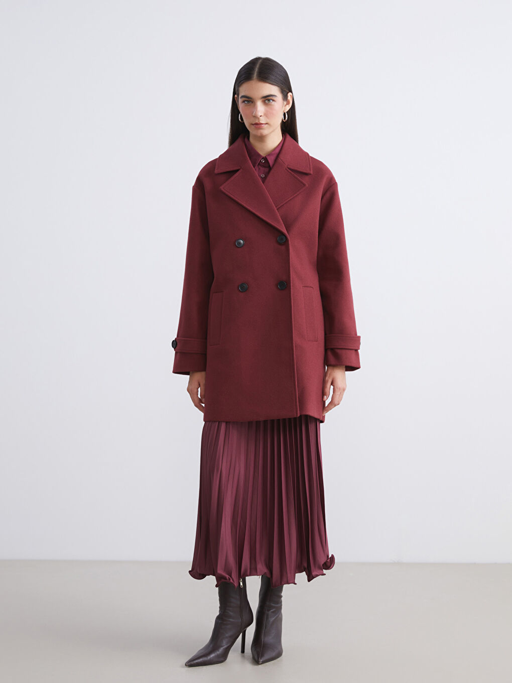 Bordo Ceket Yaka Kadın Kaşe Kaban-1