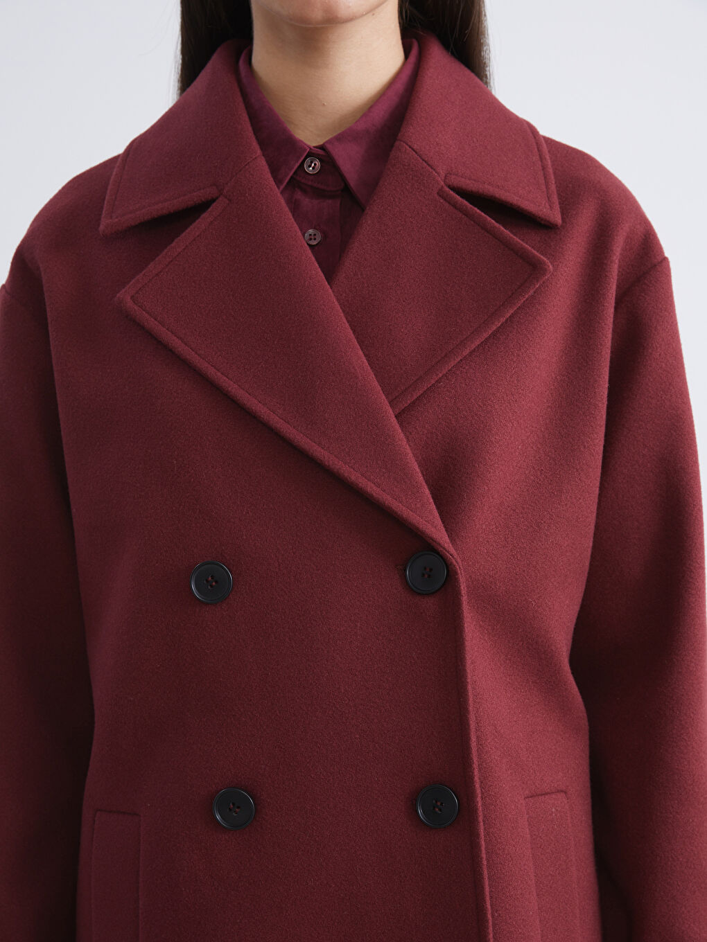 Bordo Ceket Yaka Kadın Kaşe Kaban-2