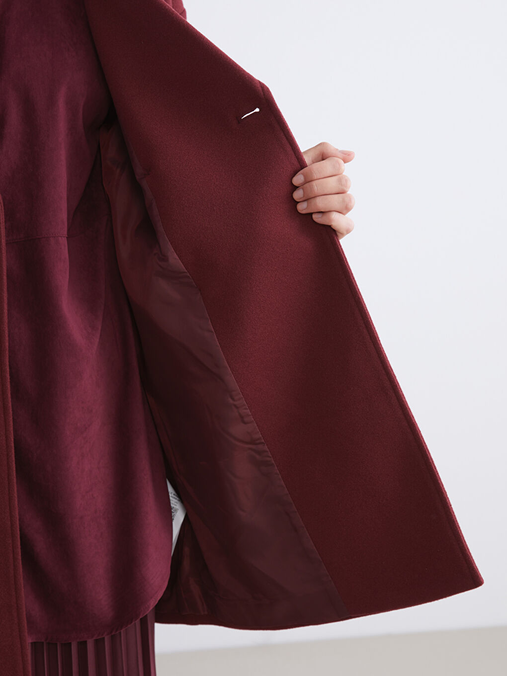 Bordo Ceket Yaka Kadın Kaşe Kaban-3