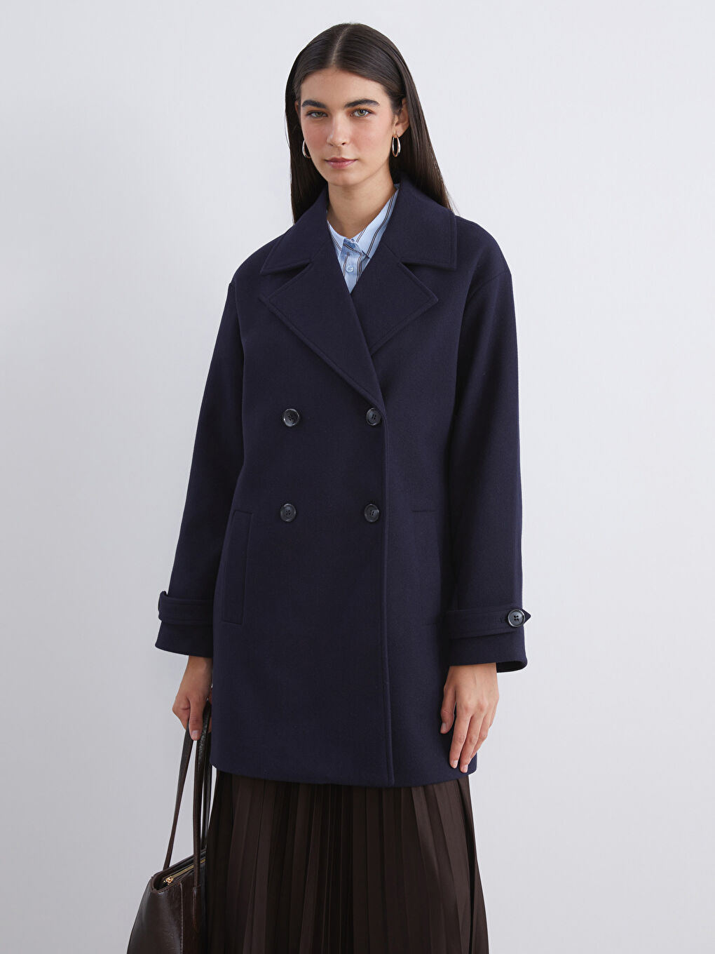 Lacivert Ceket Yaka Kadın Kaşe Kaban