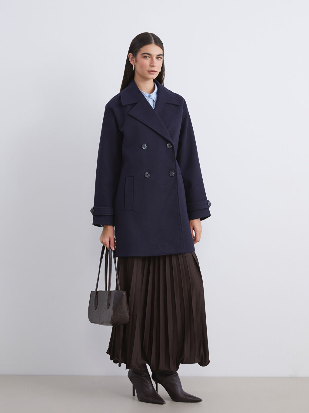 Lacivert Ceket Yaka Kadın Kaşe Kaban-1