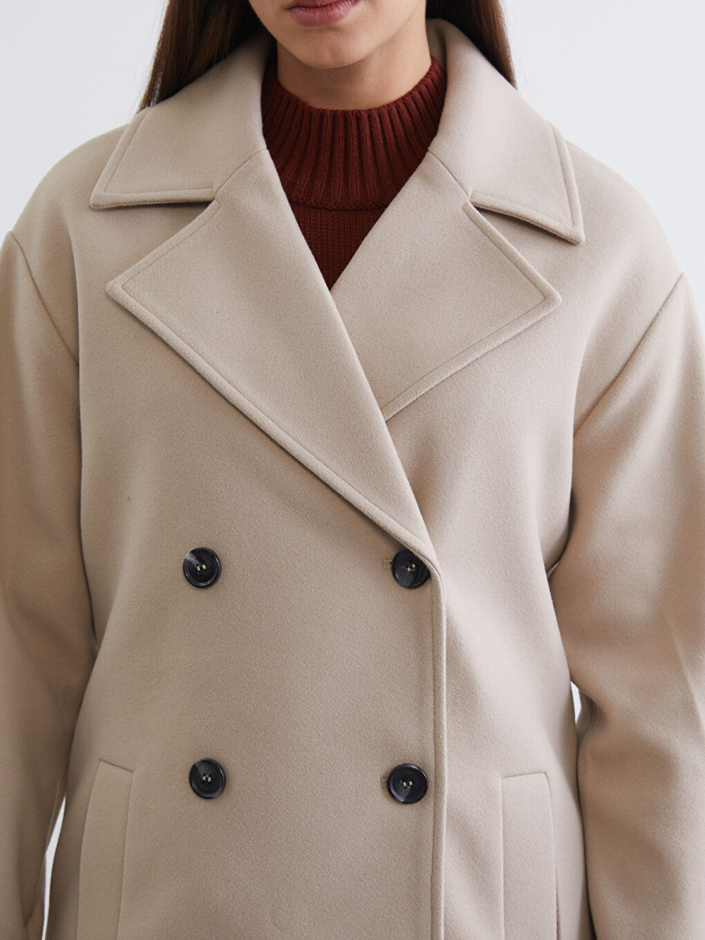 Bej Ceket Yaka Kadın Kaşe Kaban-2