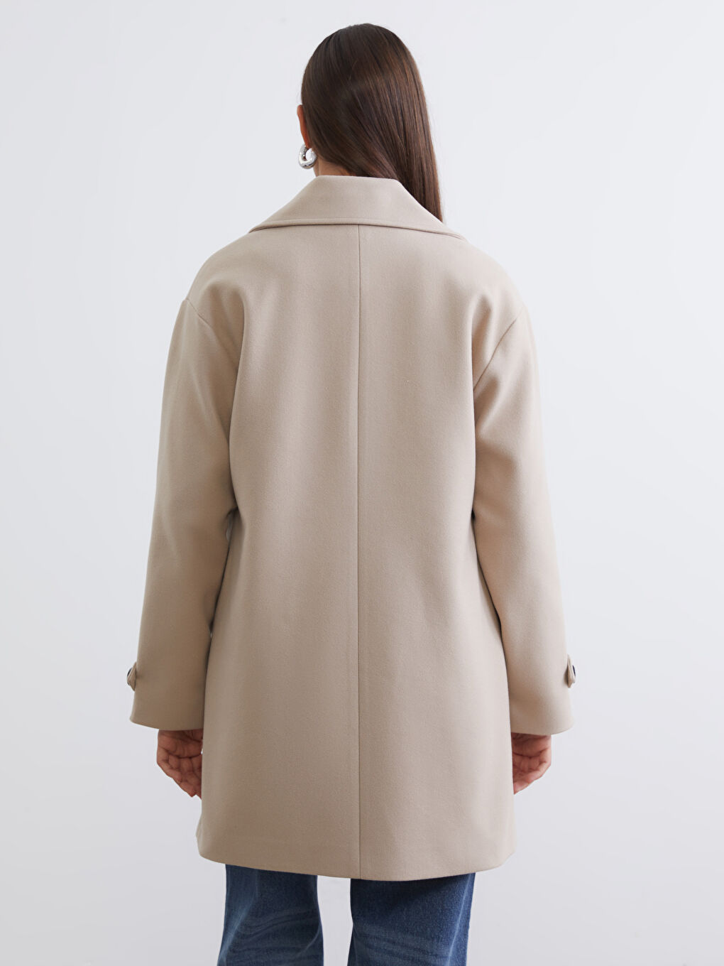 Bej Ceket Yaka Kadın Kaşe Kaban-4