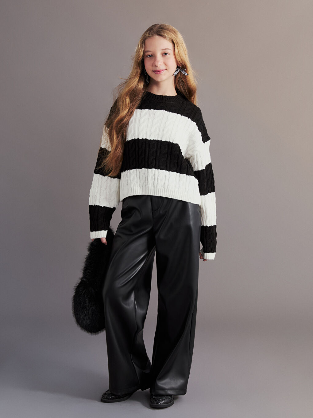 Ekru Çizgili Kız Çocuk Triko Kazak-1