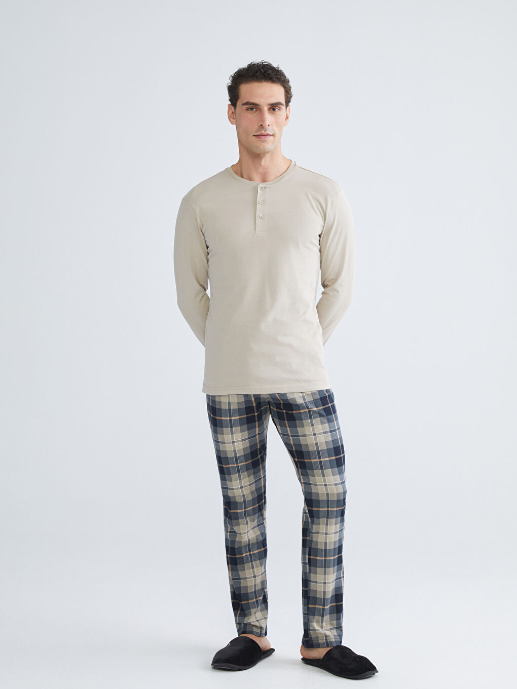 Bej Standart Kalıp Erkek Pijama Takımı-1