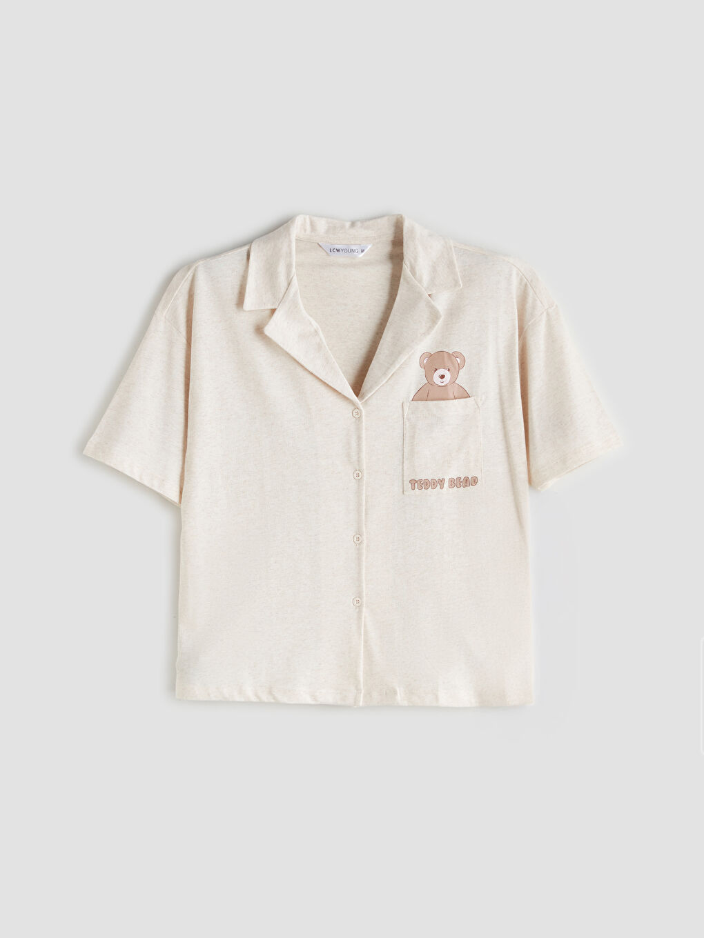 Bej Gömlek Yaka Ayı Teddy Baskılı Kadın Pijama Üstü
