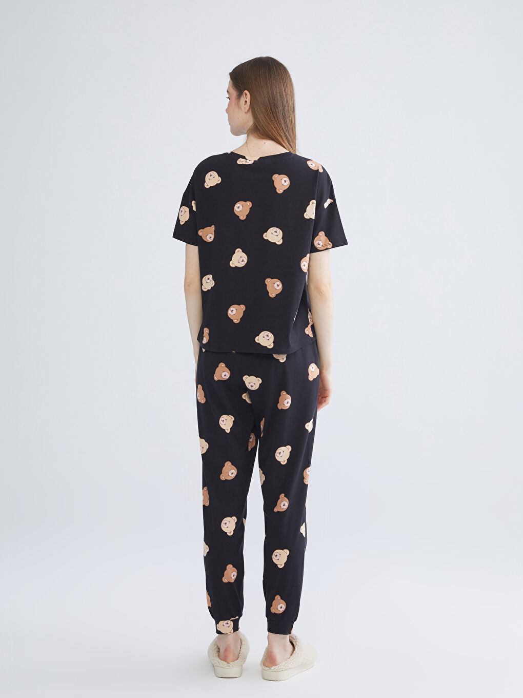 Crew Neck Bear Printed Women's Pyjama Set-3